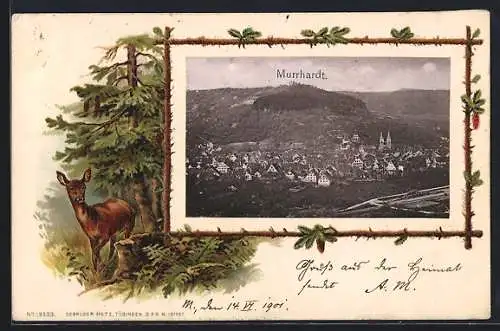 Passepartout-Lithographie Murrhardt, Ortsansicht aus der Vogelschau, Reh im Wald