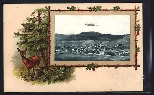 Passepartout-Lithographie Murrhardt, Ortsansicht aus der Vogelschau, Reh im Wald