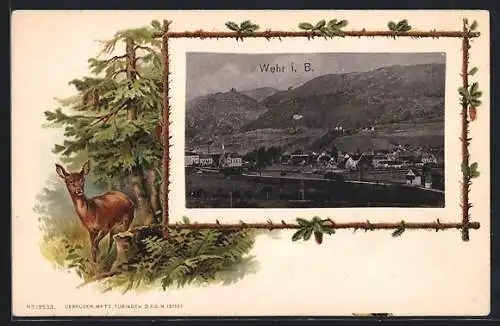 Passepartout-Lithographie Wehr i. B., Ortsansicht aus der Vogelschau, Reh im Wald