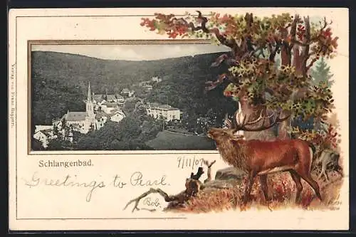 Passepartout-Lithographie Schlangenbad, Ortsansicht aus der Vogelschau, Röhrender Hirsch