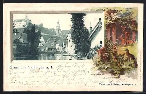 Passepartout-Lithographie Vaihingen / Enz, Ortspartie im geprägten Rahmen, Rehpärchen und Rebhunh