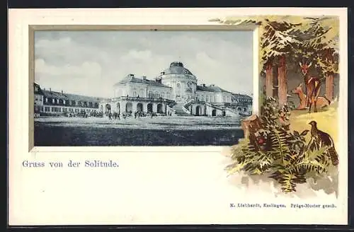 Passepartout-Lithographie Stuttgart, Schloss Solitude, Rehe, Rebhuhn