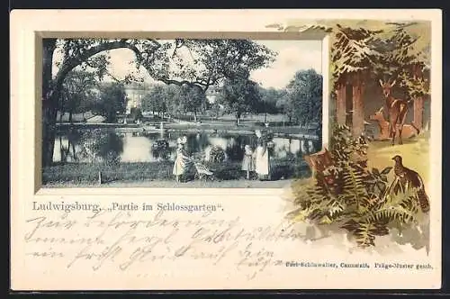 Passepartout-Lithographie Ludwigsburg / Württ., Partie im Schlossgarten, Waldlichtung