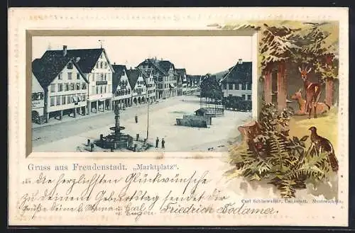 Passepartout-Lithographie Freudenstadt, Marktplatz mit Denkmal