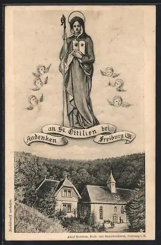 AK Freiburg i. B., St. Ottilien, Ortsansicht und Odilia mit Engeln