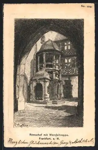 Künstler-AK Alt-Frankfurt, Römerhof mit Wendeltreppe