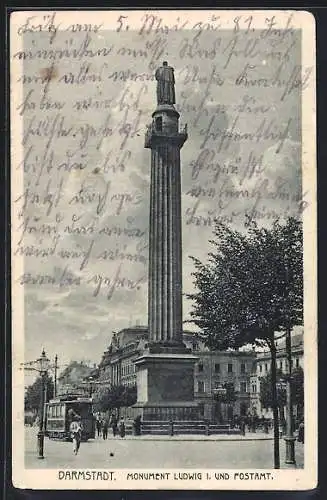 AK Darmstadt, Monument Ludwig I., Post und Strassenbahn