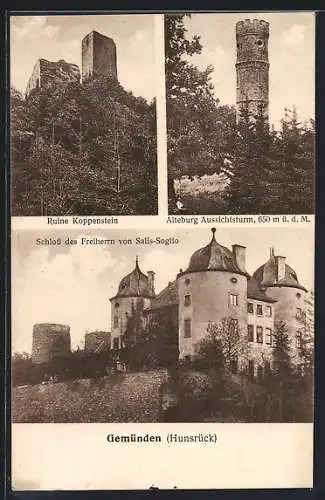 AK Gemünden /Hunsrück, Schloss des Freihernn von Salis-Soglio, Ruine Koppenstein