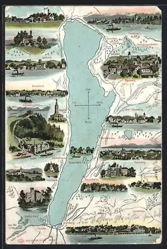 Künstler-AK Starnberg, Starnberger See mit Ansichten der umliegenden Orte