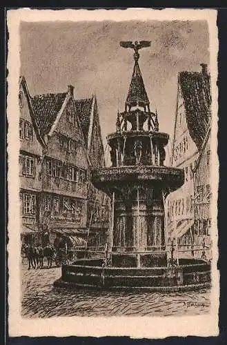 Künstler-AK Nördlingen, Am Kunstbrunnen