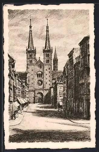 Künstler-AK Würzburg, Domstrasse mit Dom