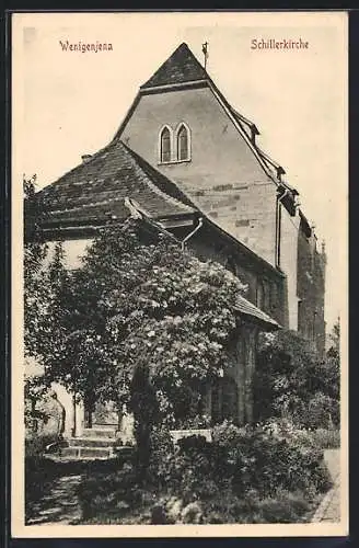 AK Wenigenjena, Schillerkirche mit blühendem Holunder