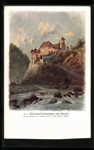 Künstler-Lithographie F.A.C.M. Reisch: Bozen, Schloss Runkelstein