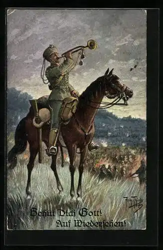 Künstler-AK A. Thiele: uniformierter Mann zu Pferd bläst die Trompete