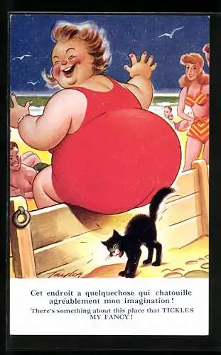 Künstler-AK Arnold Taylor: Lustige korpulente Dame in rotem Badeanzug vor Katze mit Buckel