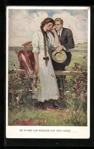 Künstler-AK Clarence F.Underwood: Frau am Weidenzaun mit Pferd und Verehrer