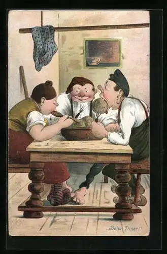 AK Au déjeuner, Übergewichtige essen zum Frühstück Knödel