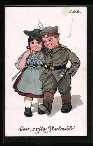 Künstler-AK P. O. Engelhard (P.O.E.): Soldat in Uniform mit seiner Liebsten im Trachtenkleid