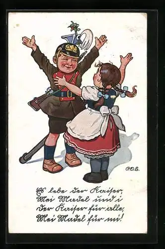 Künstler-AK P. O. Engelhard (P.O.E.): Kleines Mädchen begrüsst den heimkehrenden kleinen Soldaten