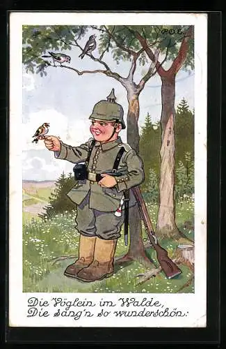 Künstler-AK P. O. Engelhard (P.O.E.): Soldat in Uniform mit Pickelhaube mit singenden Vögeln im Walde
