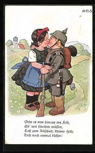 Künstler-AK P. O. Engelhard (P.O.E.): Mädchen küsst Soldatenjungen zum Abschied