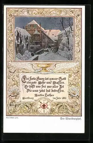 Künstler-AK Carl Biese: Wartburghof im Winter mit Luther-Zitat von 1521
