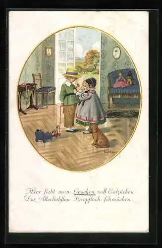 Künstler-AK Pauli Ebner: Mädchen schmückt Knopfloch mit Blumen