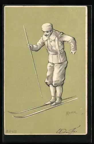 Präge-Künstler-AK Arthur Heyer: Mann mit Pelzmütze fährt Ski