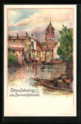 Künstler-Lithographie Franz Xaver Hoch: Strassburg, Partie am Zornmühlkanal