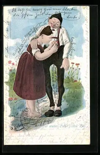 Künstler-AK O. Huber: Der ersten Liebe goldne Zeit, Bauernpaar