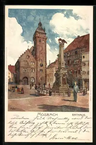Künstler-AK Karl Mutter: Mosbach / Baden, Passanten am Ehrenmal vor dem Rathaus