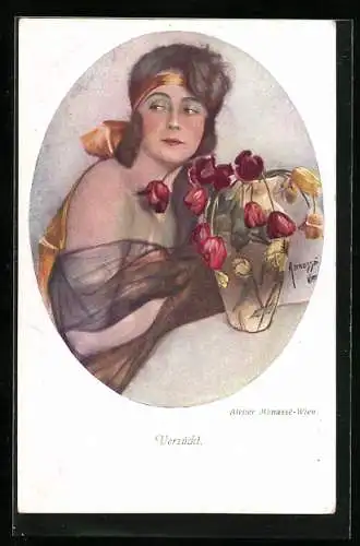 Künstler-AK Manasse: Dame mit einer Blumenvase