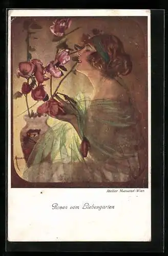 Künstler-AK Manasse: Junge Frau geniesst den Duft frischer Blumen