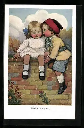 Künstler-AK Susan Beatrice Pearse: Zwei Kinder bei einer Verabredung auf einer Mauer, eine heimliche Liebe