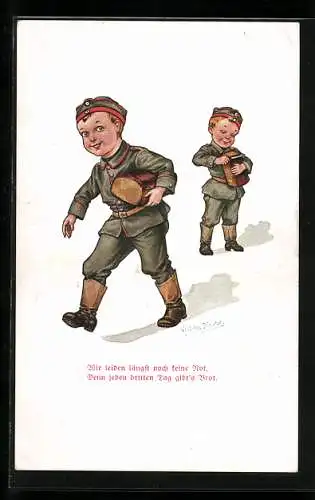 Künstler-AK H. Zahl: Wir leiden längst noch keine Not..., Kleine Feldgraue mit Kommissbrot