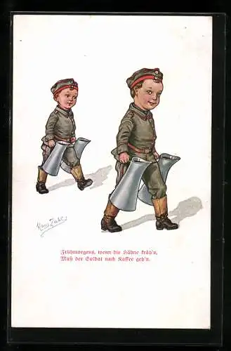 Künstler-AK H. Zahl: Kleine Burschen in Soldatenuniformen tragen Kaffeekannen