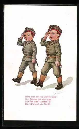 Künstler-AK Hans Zatzka: Kleine Jungen in Uniformen salutieren wie Soldaten