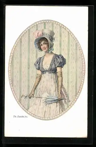 Künstler-AK Th.Zasche: Dame im Kleid mit Schirm und Hut