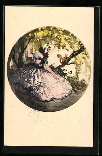 Künstler-AK J. Hardy: Frau mit Hut freut sich über ein Eichhörnchen