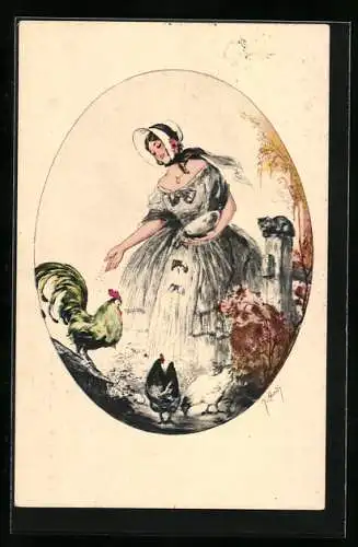 Künstler-AK J. Hardy: Junge Dame füttert Hühner, Art Deco