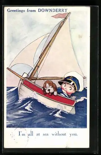 Künstler-AK Beatrice Mallet: I`m all at sea without you, Kleiner Matrose und Hund im Segelboot