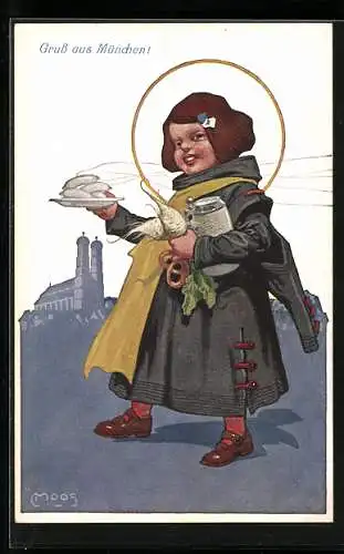 Künstler-AK Carl Moos: Münchner Kindl mit Speis und Trank