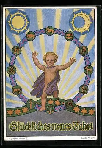 Künstler-AK Walter Einbeck: Halbnacktes Kind mit Sternzeichenrahmen