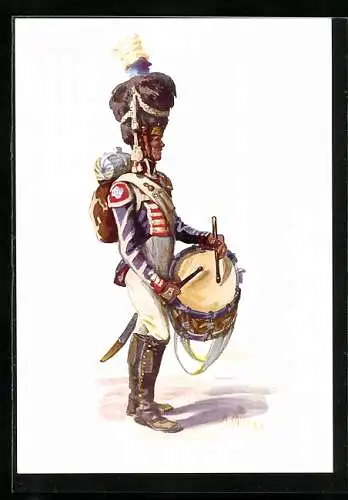 Künstler-AK Angelo Jank: Soldat in Uniform mit Fellmütze und Trommel