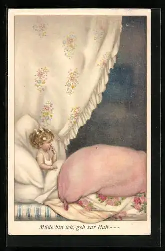Künstler-AK Susan Beatrice Pearse: Gähnendes Mädchen liegt im Bett