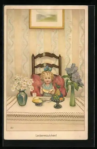 Künstler-AK Susan Beatrice Pearse: eine kleines Leckermäulchen am Frühstückstisch