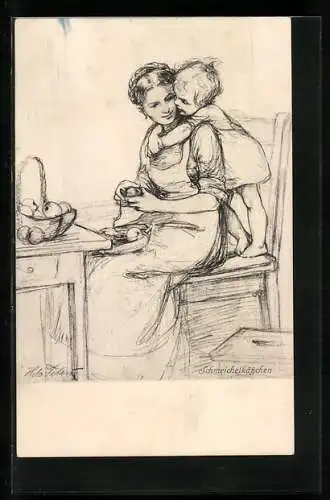 Künstler-AK Hela Peters: Schmeichelkätzchen, Kind umarmt seine Mutter