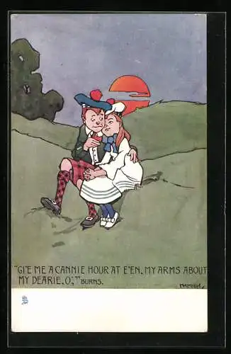 Künstler-AK Hamish: Gi`e me a cannoe hour at e`en, my arms about my dearie, o, Schottisches Paar bei Sonnenuntergang