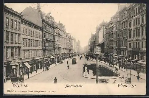 AK Wien, Alserstrasse mit Strassenbahn und Geschäften