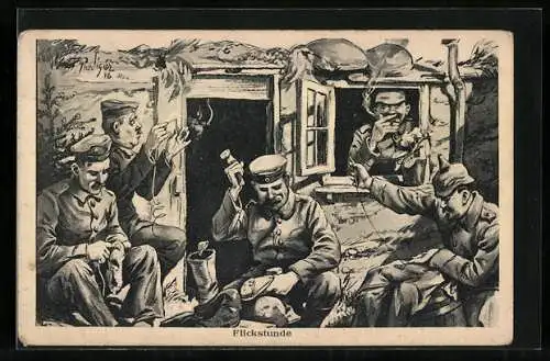 AK Soldaten in Uniform bei der Flickstunde, 1. Weltkrieg